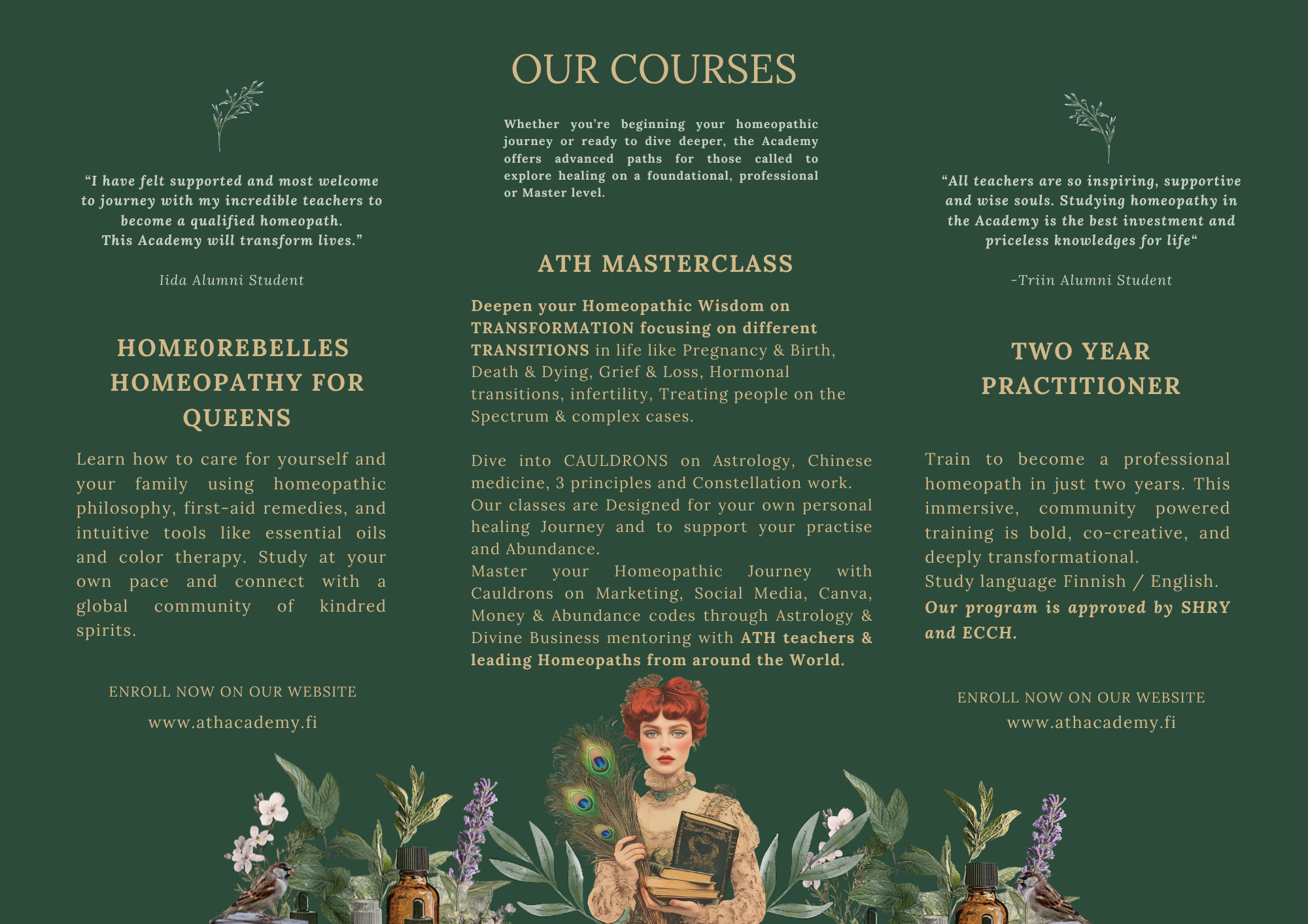 An illustrated advertisement for a homeopathic academy featuring a woman with vintage attire holding books, surrounded by peacock feathers, flowers, and small bottles, with text promoting various courses and enrollment information.