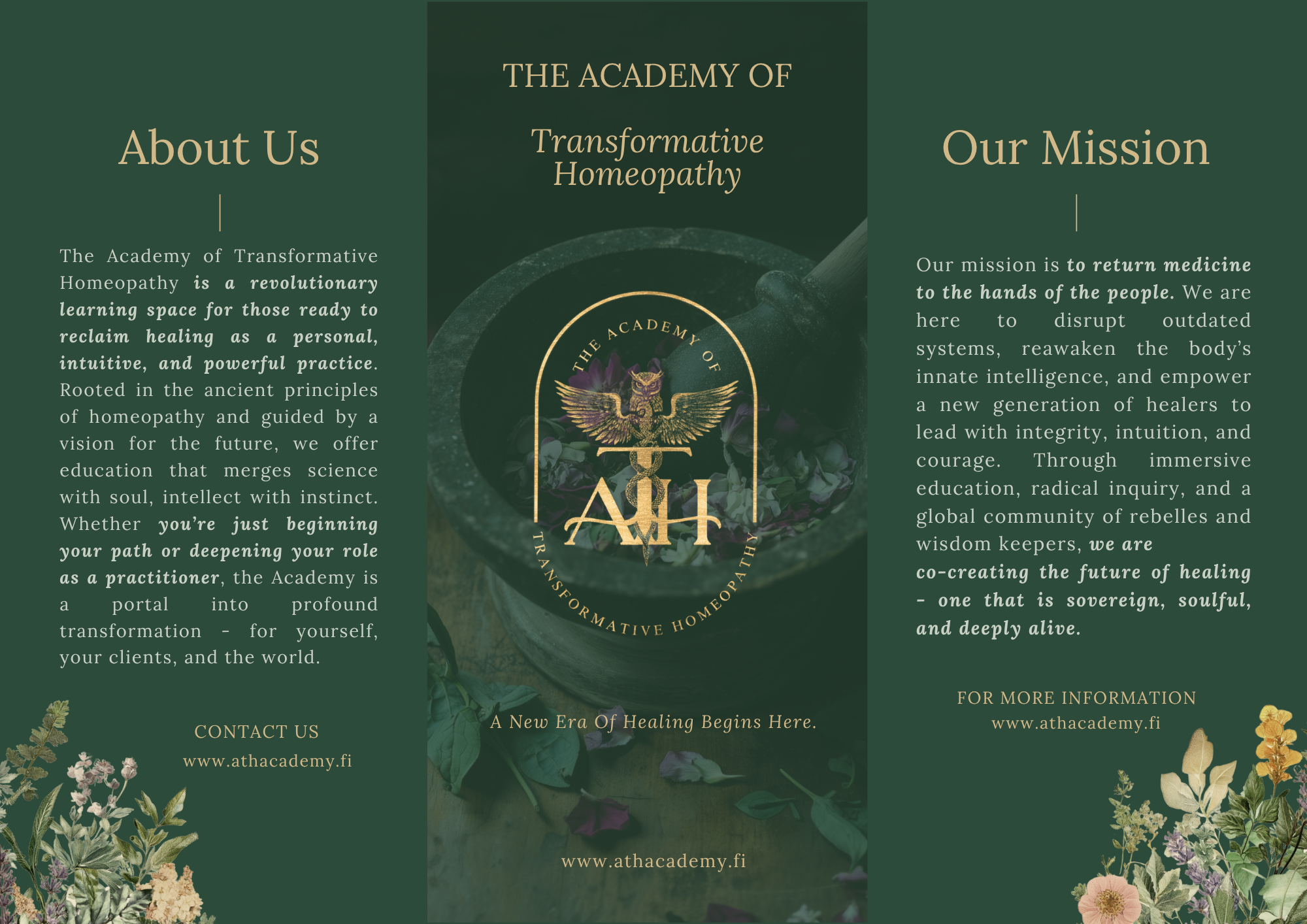 Brochure for The Academy of Transformative Homeopathy featuring text about their mission and philosophy, with floral illustrations and the academy's emblem with an owl and caduceus symbol.