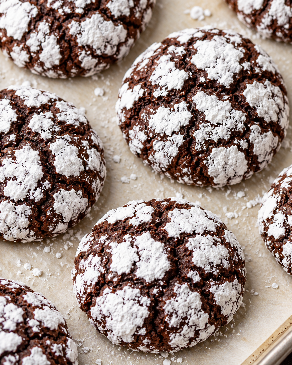 Chocolate crinkle cookies with cracked powdered-sugar tops on parchment paper.
