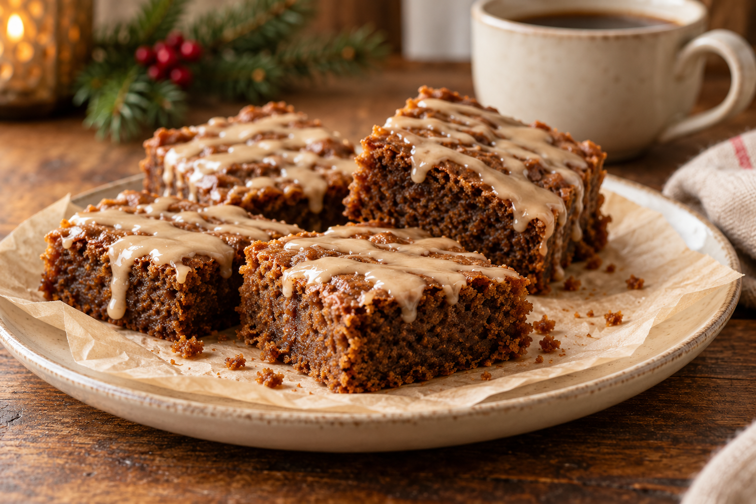 Gingerbread espresso bars drizzled with coffee glaze on a ceramic plate, with a cup of coffee and Christmas greenery in the background.
