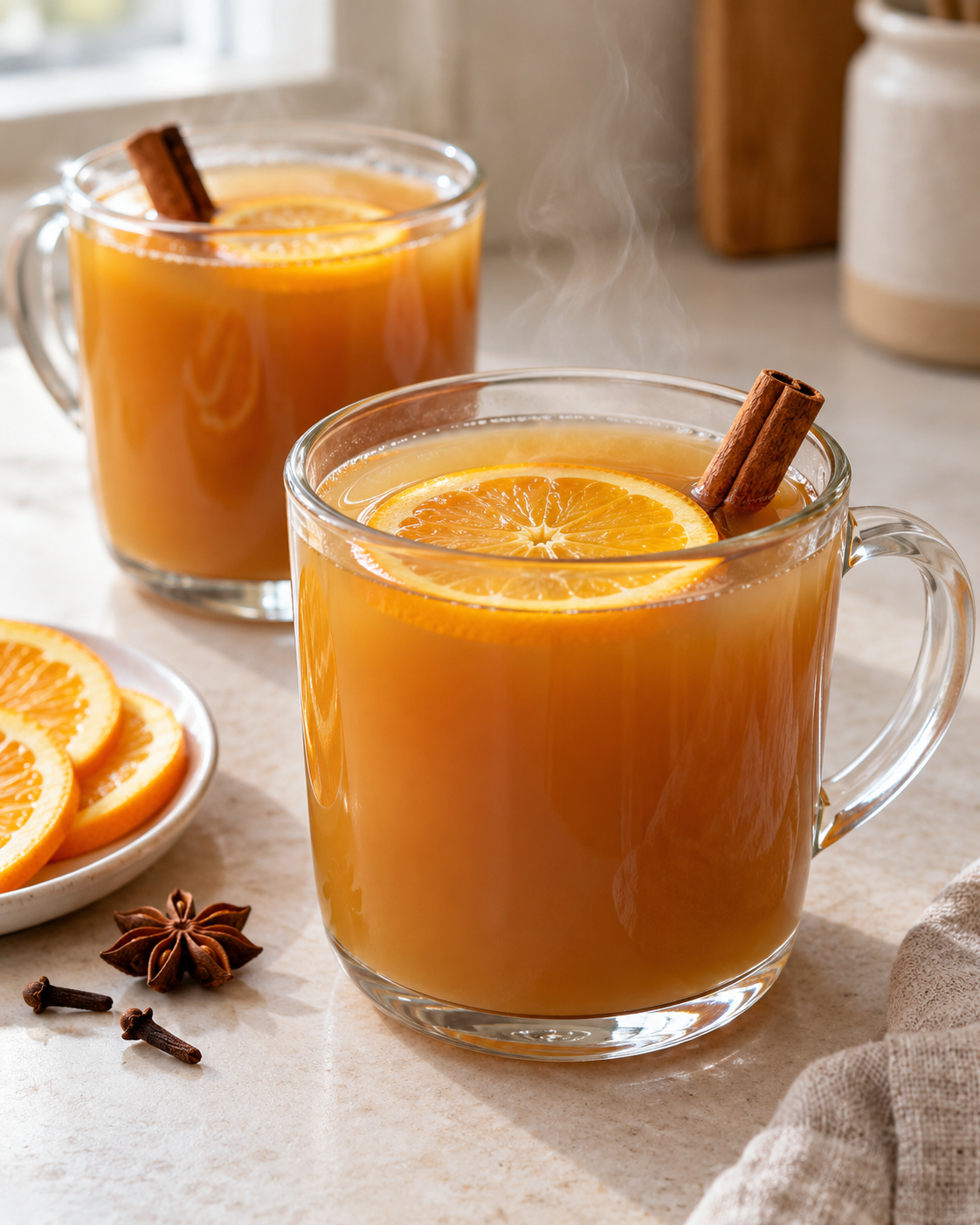 Two glass mugs of steaming mulled apple cider garnished with orange slices and cinnamon sticks, with whole spices on a light countertop.