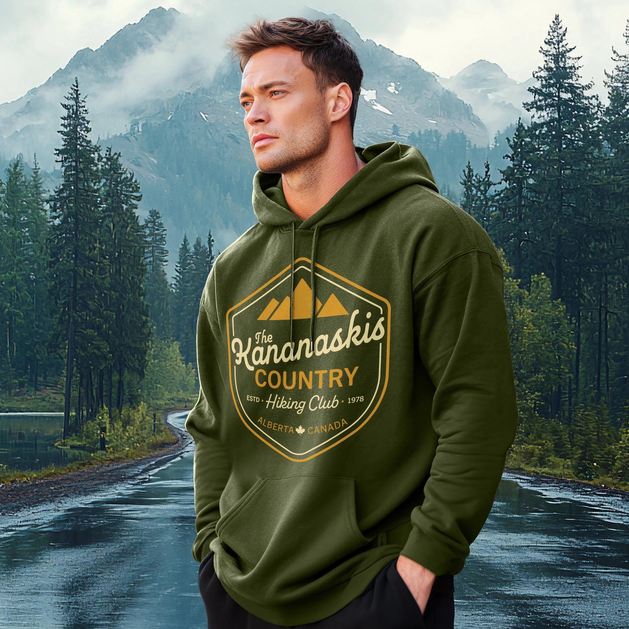 Green graphic hoodie mountains Alberta Canada