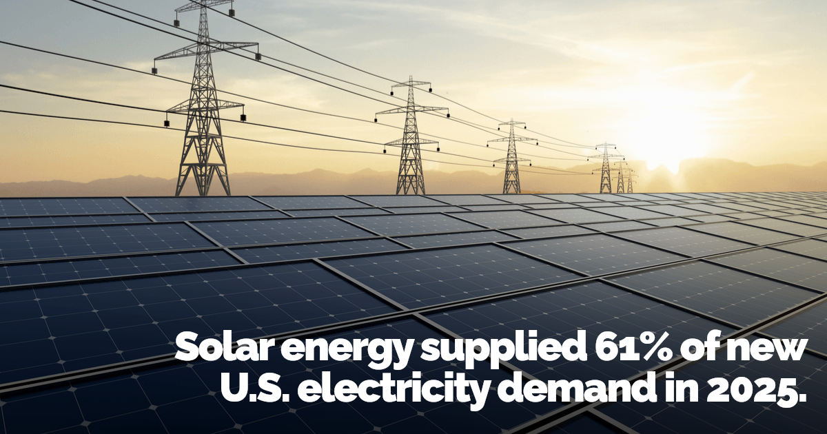 Solar panels in foreground with transmission towers and power lines at sunset, representing solar energy's growing role in the electrical grid. Text: Solar energy supplied 61% of new U.S. electricity demand in 2025.