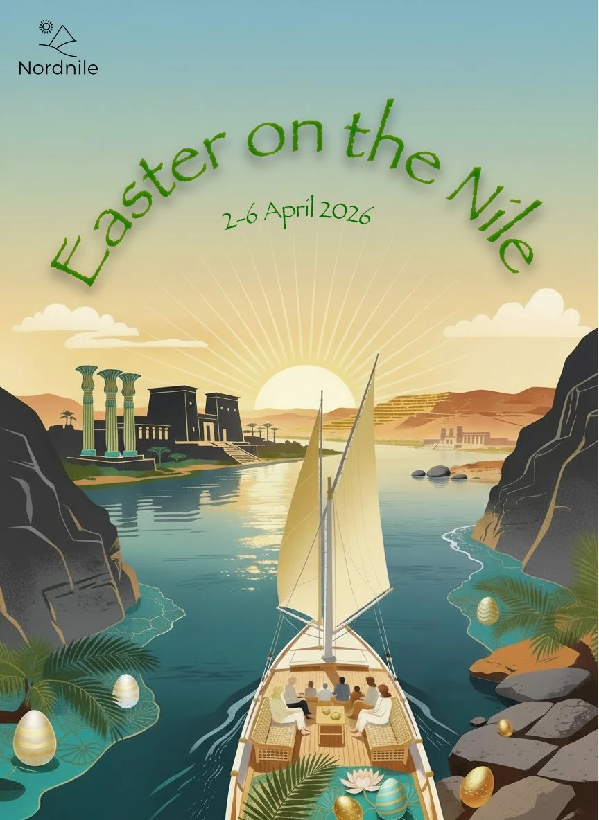 A promotional poster for an event called 'Easter on the Nile', scheduled from April 2 to 6, 2026. The illustration features a sunset or sunrise over the Nile River with a sailboat carrying six people, surrounded by rocky cliffs and lush greenery, including palm trees and decorated eggs, with ancient Egyptian temples in the background.