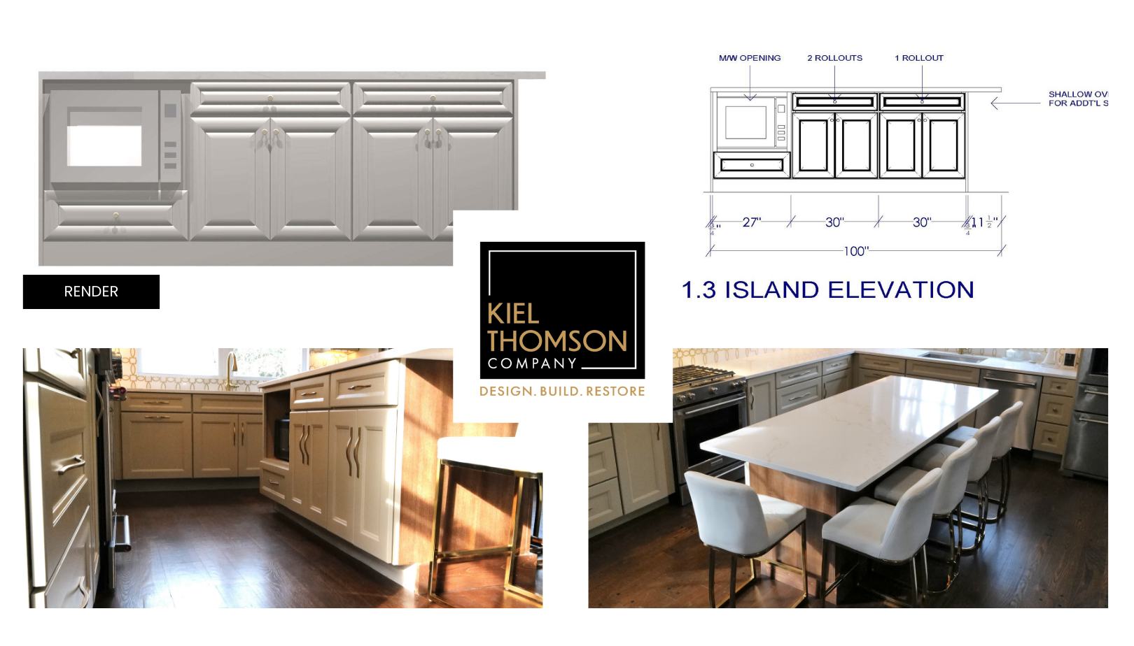 Design-build kitchen project with detailed island elevation and custom cabinetry.