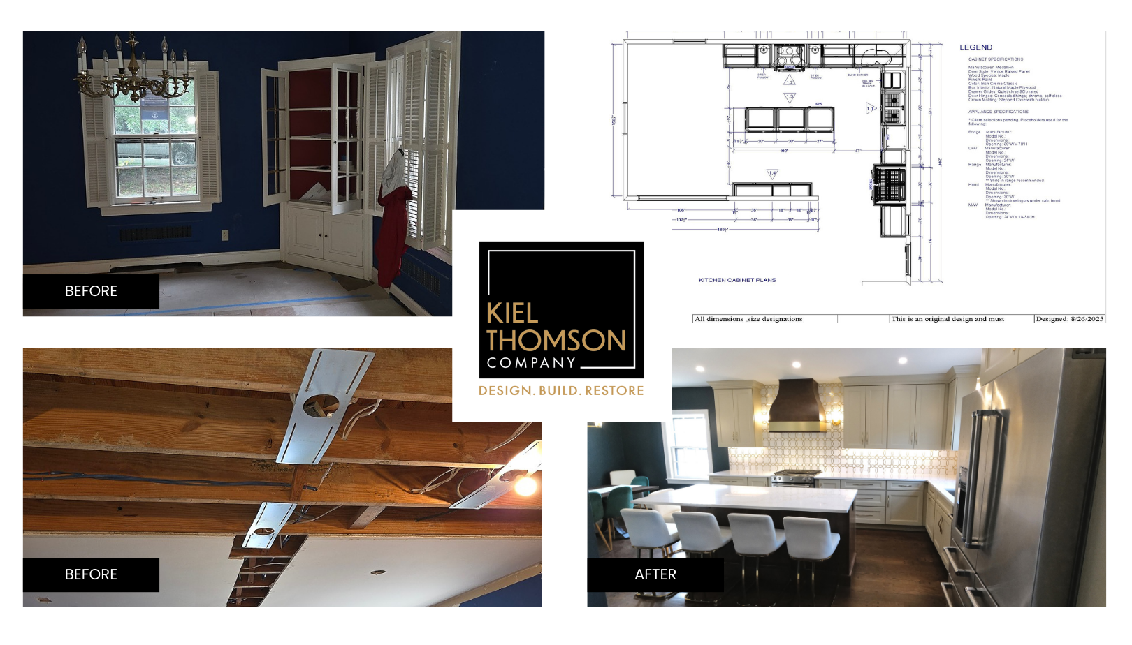 Louisville area kitchen renovation showcasing before conditions, cabinet plans, and finished custom remodel.