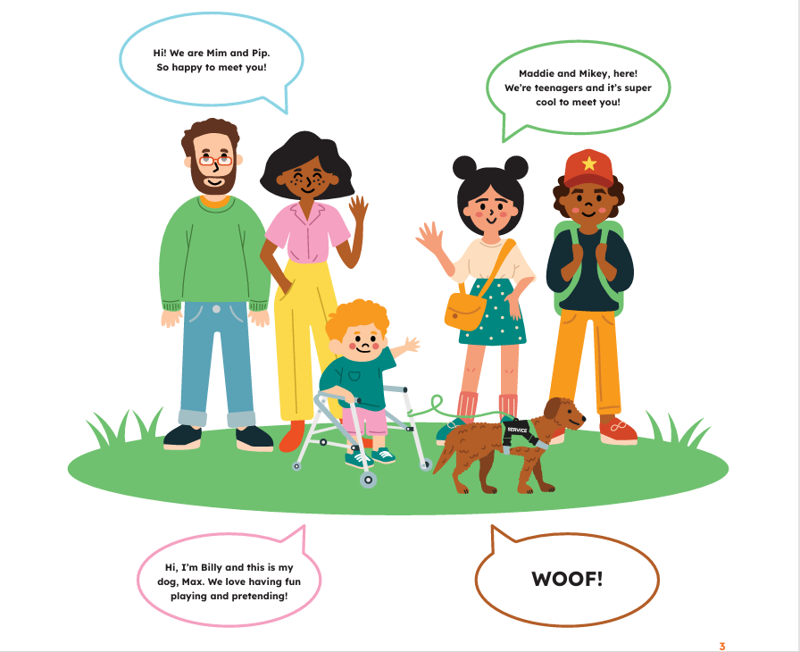 Fictional family with two grownups, two teenagers, a child standing with a walker and a dog all standing outside on grass.