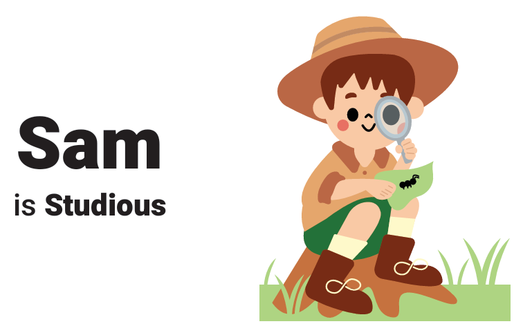 Sam is a studious fictional character in the lowercase handwriting workbook. He is seated on a rock looking through a magnifying glass at a leaf with a caterpillar on it. He is wearing a brown shirt, green shorts, and a large brown hat.