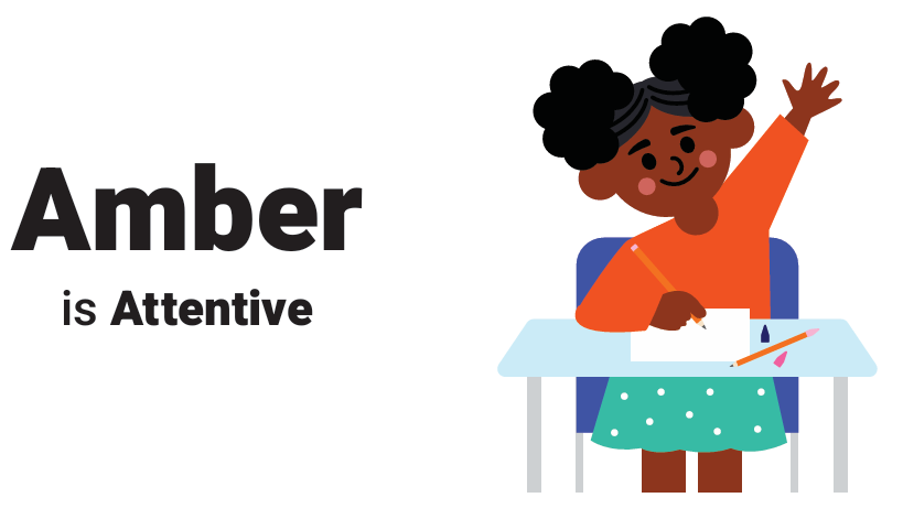 Legy-friend character within the lowercase handwriting workbook series, The Legybles. She is wearing an orange sweater, green skirt with white polka dots, and is seated at a desk with her hand raised.