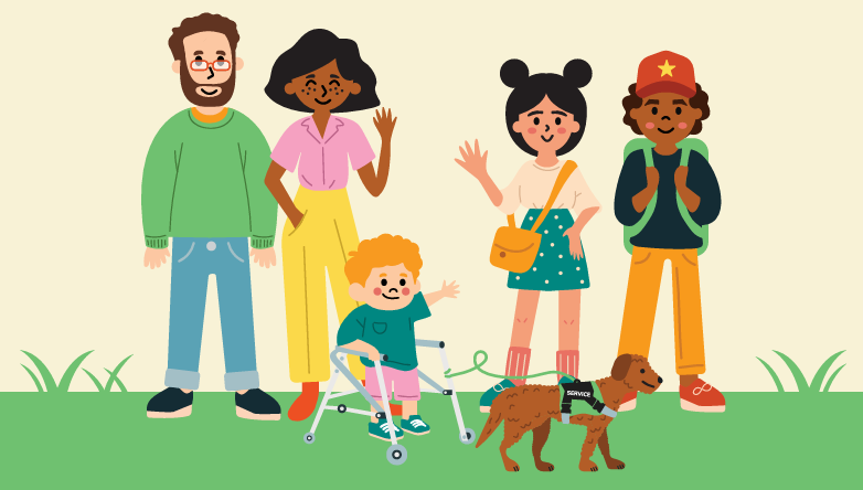 Legybles fictional family in the handwriting workbook for kids series. Includes two grownups, two teenagers, boy using walker and dog; all waving and smiling.