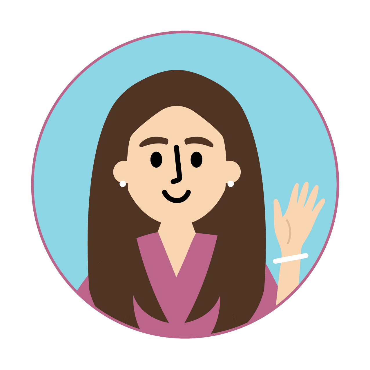 Clipart image of Ms. Jackie waving. She has brown hair, is wearing a purple shirt, with pearl earrings and pearl bracelet.