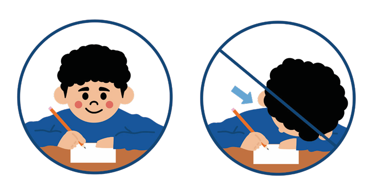 Closeup of two boys sitting desk. One on left is sitting with the correct posture, head up. The one on the right has his dead down resting on his arm; crossed out indicating not correct.