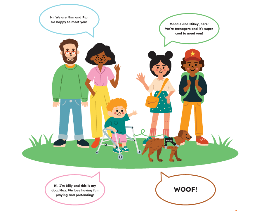 Fictional family, The Legybles, that includes two grownups, two teenagers, a boy standing with the use of a walker, and a dog. All standing on grass and saying 'hello'.