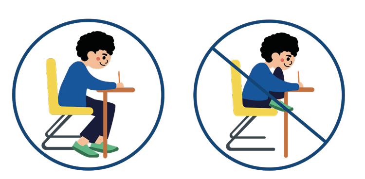 Two boys seated at desks. Boy, on left, is sitting with feet on the floor to show the best handwriting posture. The boy on the right is sitting with his feet up on the chair. The picture is crossed out to indicate not correct posture.