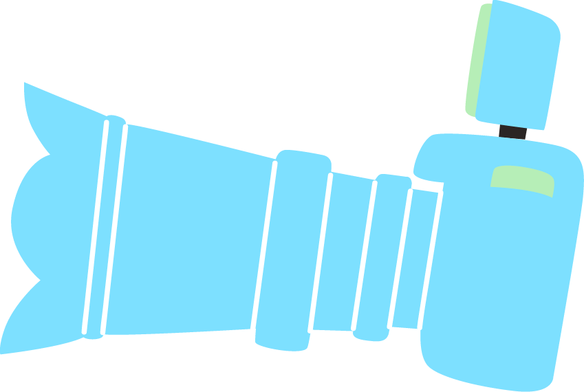 Simplified illustration of a camera with a large lens and flash attachment.