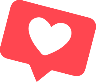A red speech bubble with a white heart icon inside.