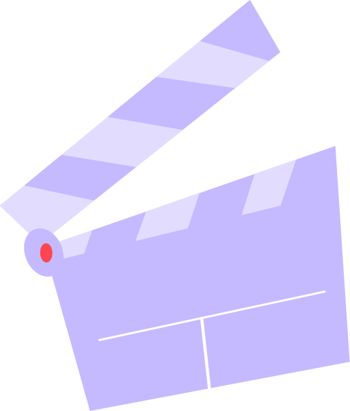 A purple film clapperboard with a white strip and a red button on a black background.