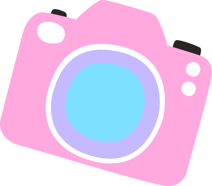 A pink cartoon-style camera with a blue lens and white camera details