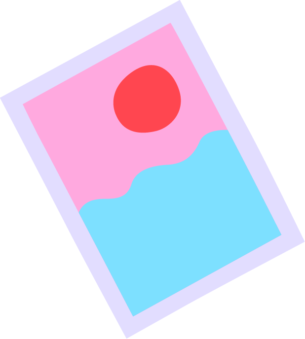 Simple illustration of a landscape with a red sun in a pink sky above blue water and mountains, framed with a light purple border.