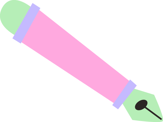Illustration of a fountain pen with a pink body and green cap and nib, on a black background.
