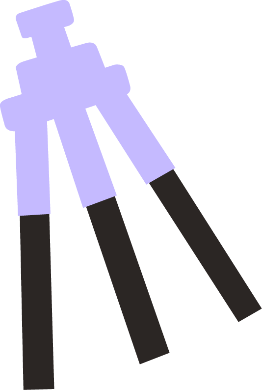 Illustration of a tripod with three light purple legs and black sections at the bottom