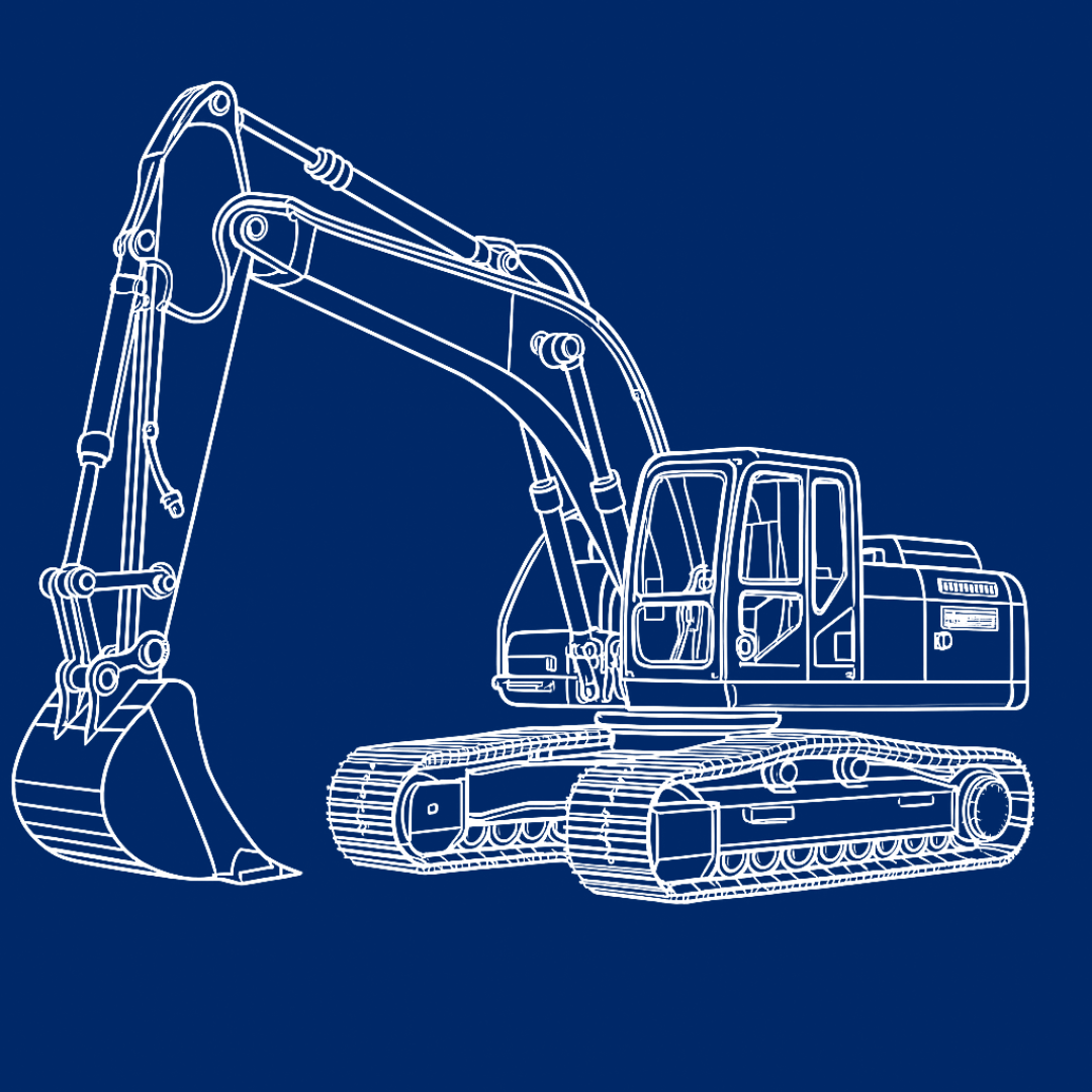 Blueprint-style outline drawing of an excavator on a dark blue background.