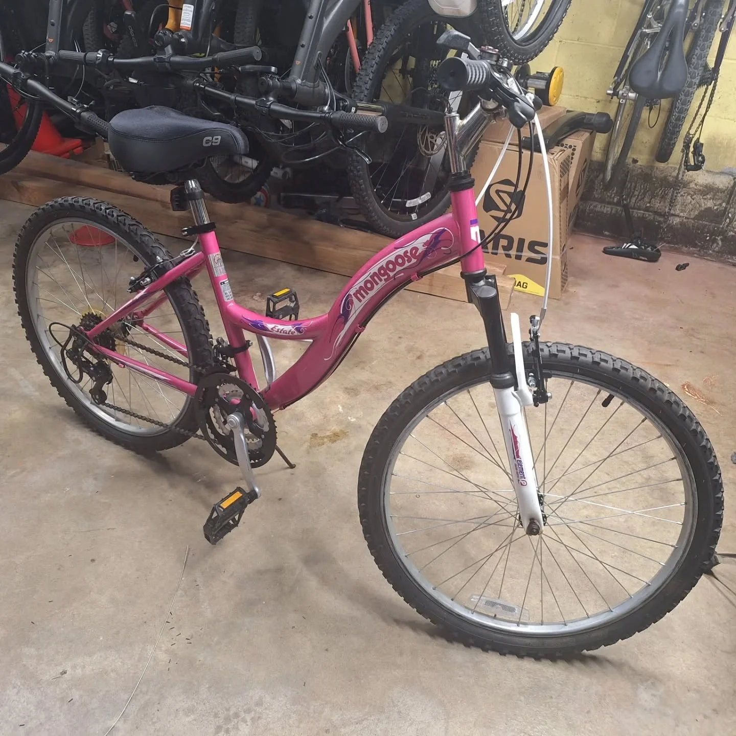 We've got about 10 bikes left from last year that are available for purchase. This is a 24" Mongoose Estate. It's very clean, almost looks new. All new cables, pedals, shifters, grips and the front brake  new and an upgrade from the original. Th