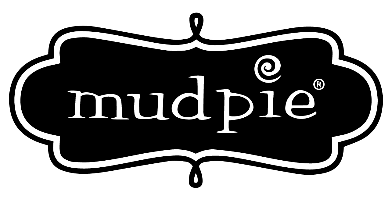 Mud Pie logo in black and white with decorative border.