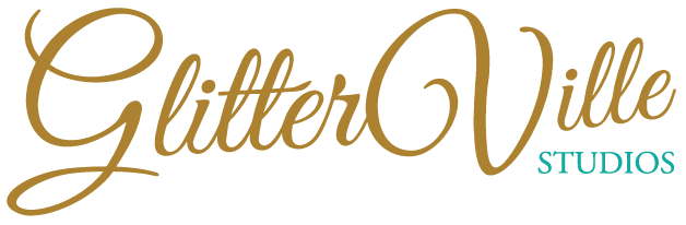 Logo of Glitter Ville Studios with gold cursive text and turquoise 'Studios' on black background.