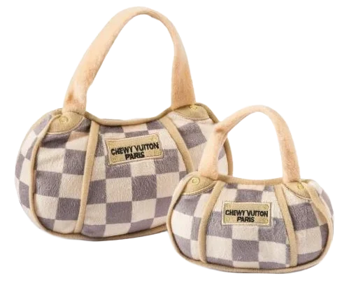 Two designer handbags with checkered pattern and beige handles, labeled Chewy Vuitton Paris.