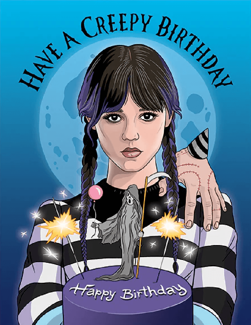 Illustration of a woman with braided hair, dark makeup, and a black-and-white striped shirt, celebrating a birthday with a purple cake featuring a grim reaper figure and candles, with a full moon in the background and the words 'Have a Creepy Birthda