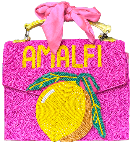 Pink beaded handbag with yellow handle, decorated with a pink scarf tied on the handle, featuring the word 'AMALFI' in yellow beads and a large beaded lemon and leaves design.
