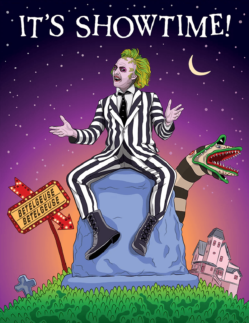 Cartoon illustration of the Joker sitting on a rock at night with a crescent moon in the sky, surrounded by green grass, a small grave, a crooked house, and a sign that says "Betelgeuse" and "Betelgeuse." The Joker is wearing a black and white stripe