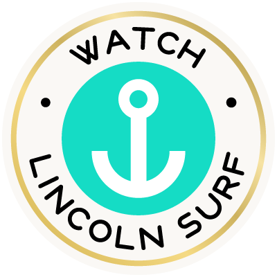Logo with text 'Watch Lincoln Surf' surrounding a turquoise anchor symbol.