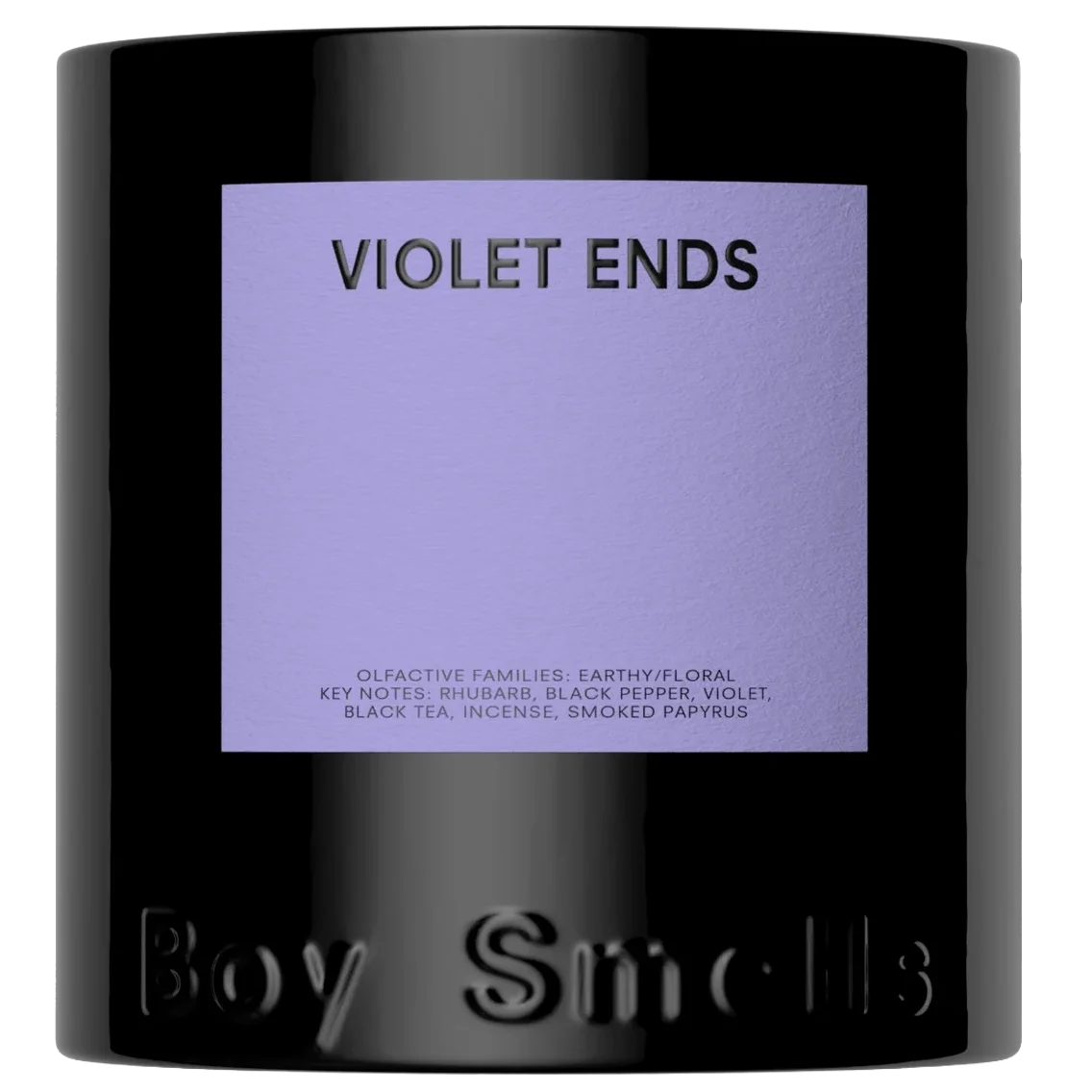 A black candle with a purple label that reads 'Violet Ends' and notes about its fragrance and ingredients.