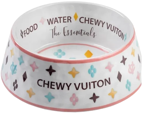 Chewy Vuitton pet bowl with colorful star and flower patterns, labeled with water, food, and chewy Vuitton branding.