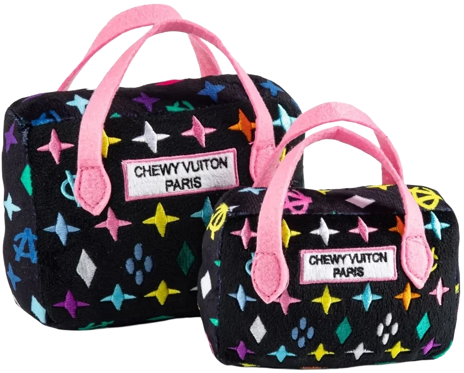 Two small black handbags with colorful star and geometric patterns, pink handles, and a label that reads 'CHEWYWUITON PARIS'.