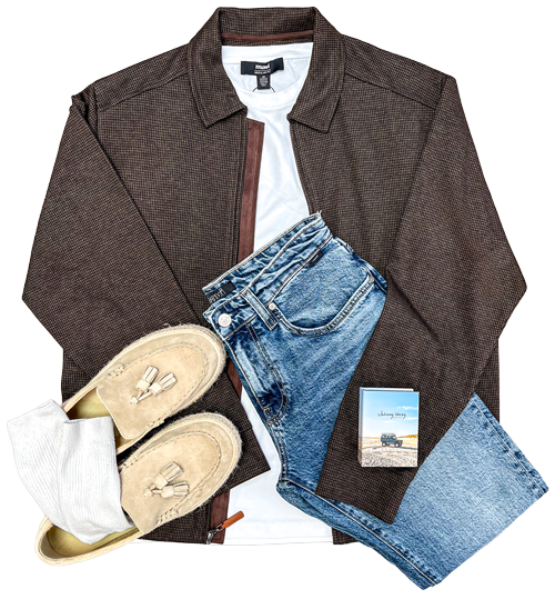Flat lay of men's casual outfit including a brown blazer, white shirt, blue jeans, beige loafers, and a small travel photo.
