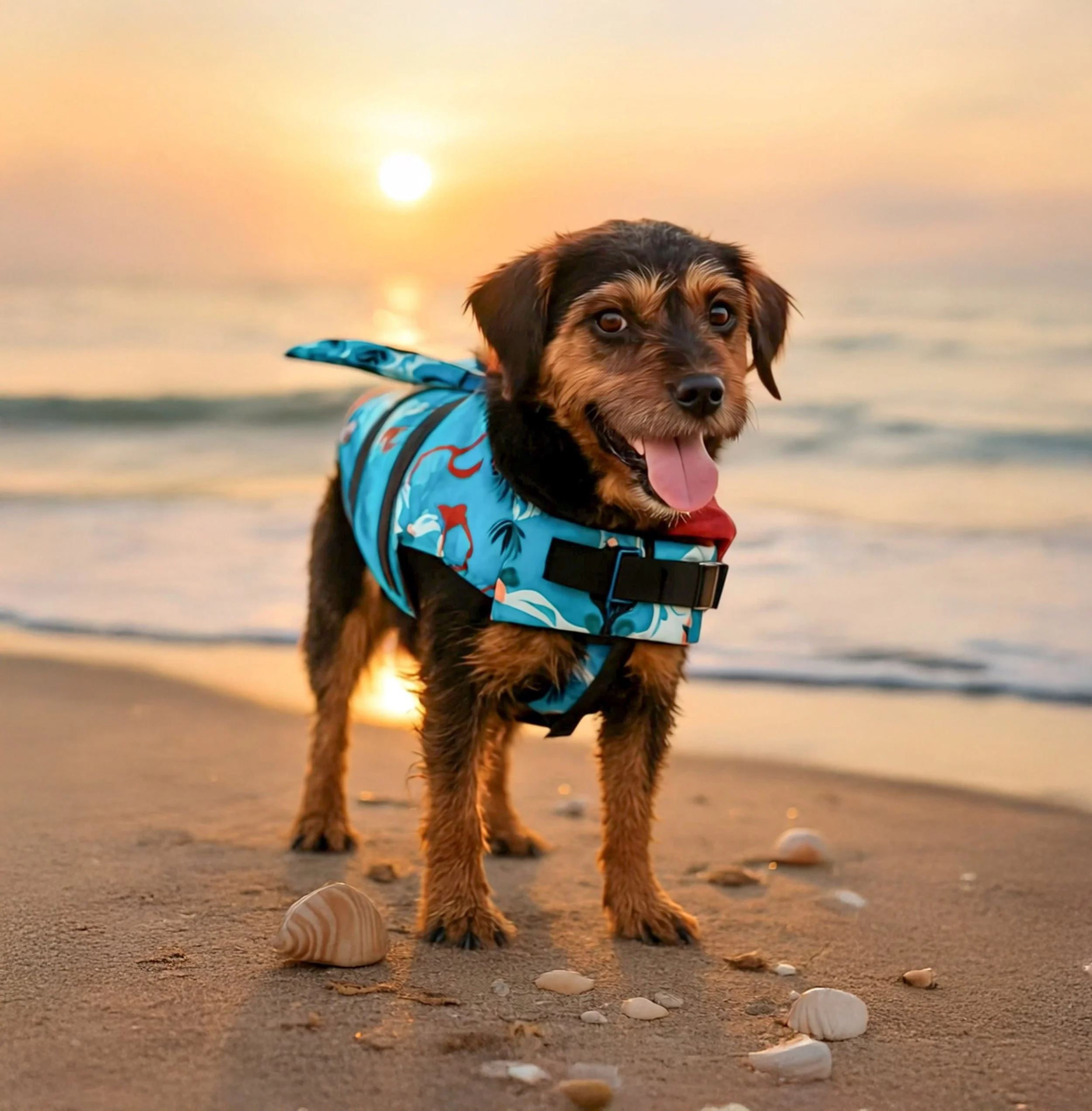 Cute dog wearing a blue life jacket standing on the beach at sunset with seashells around, water and sunset in the background.