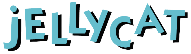 Logo with the word 'Jellycat' in blue stylized font on a black background.