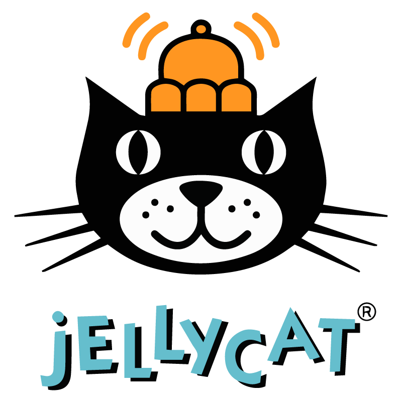 Logo featuring a stylized black cat face with an orange jelly on its head, accompanied by the text "Jellycat" in blue letters.
