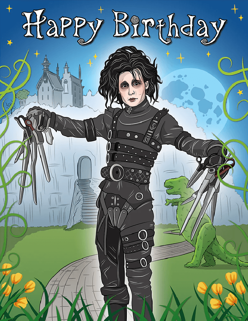 A cartoon birthday greeting featuring a character with a dark, gothic appearance holding two pairs of scissors, with a castle, waterfall, and dinosaur in the background, and decorative green vines and yellow flowers in the foreground.