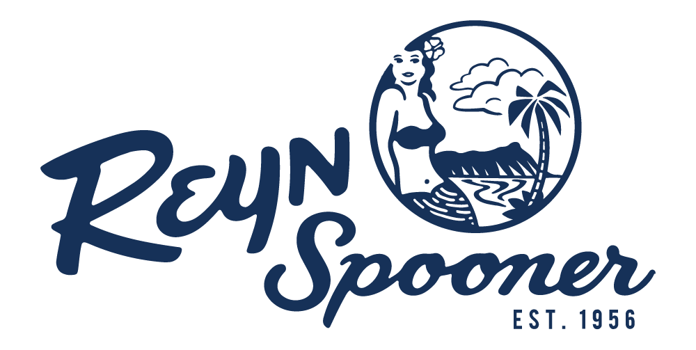 Logo for Reynon Spooner featuring a stylized illustration of a woman on a beach with palm trees, water, and clouds