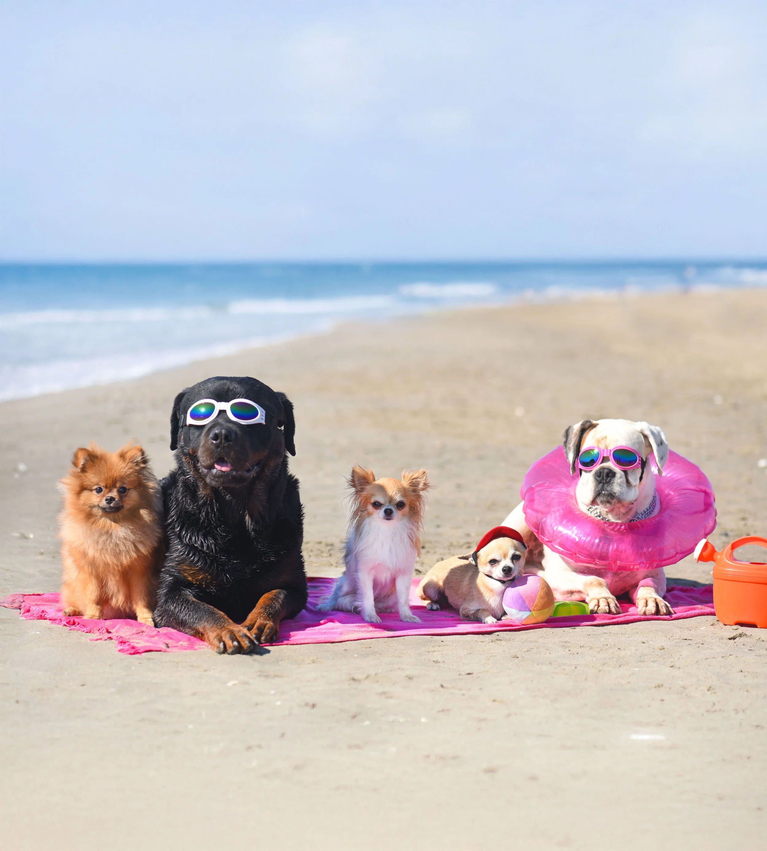 Group of five dogs sitting on a pink blanket at the beach, wearing sunglasses and surrounded by beach toys.