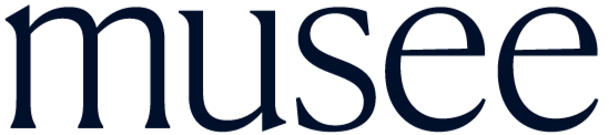 A close-up of a logo displaying the word 'musee' in dark blue letters.