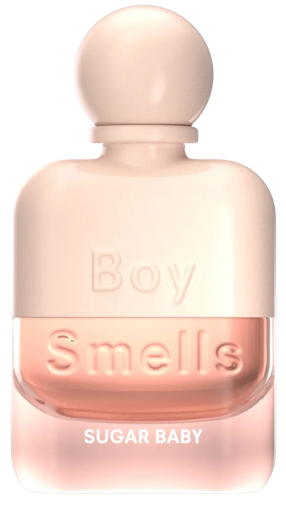 A cream-colored perfume bottle with the words "BOY" embossed on the upper part and "Smells" on the lower part. The fragrance is named "Sugar Baby."