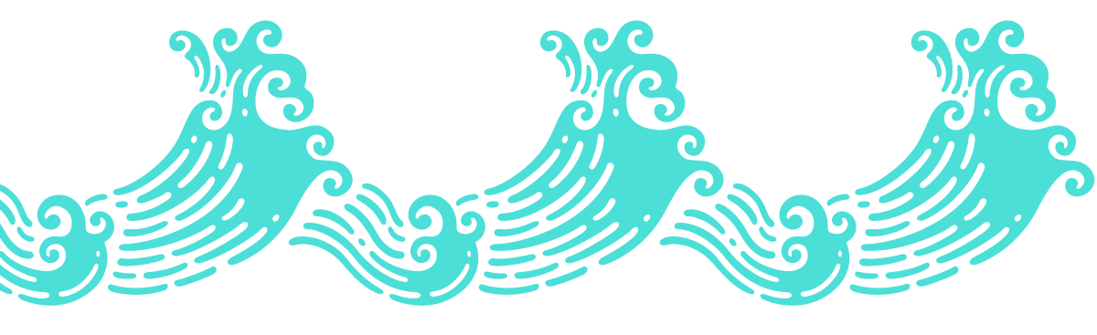 Stylized blue waves with swirling patterns on a black background.