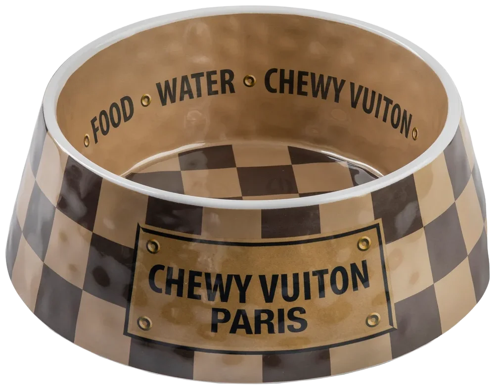 Checkerboard-patterned pet bowl with Chewy Vuiton Paris branding, containing water.