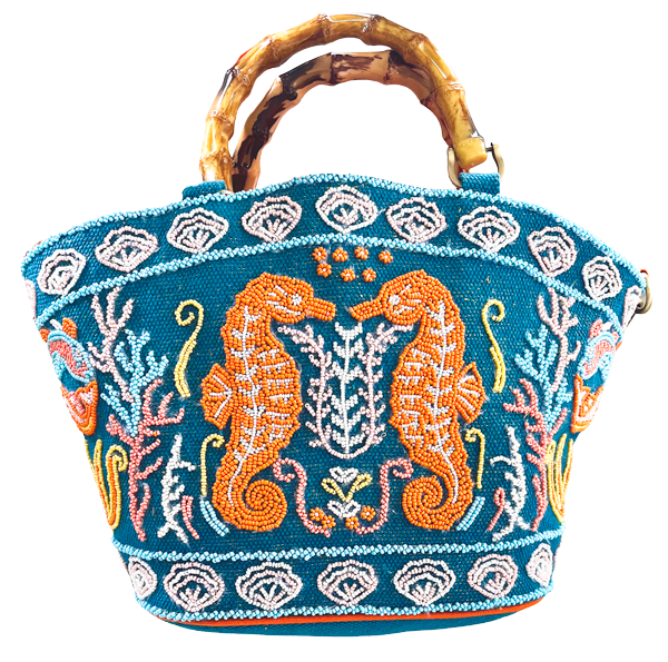Colorful beaded handbag with seahorse and seaweed embroidery, bamboo handle.