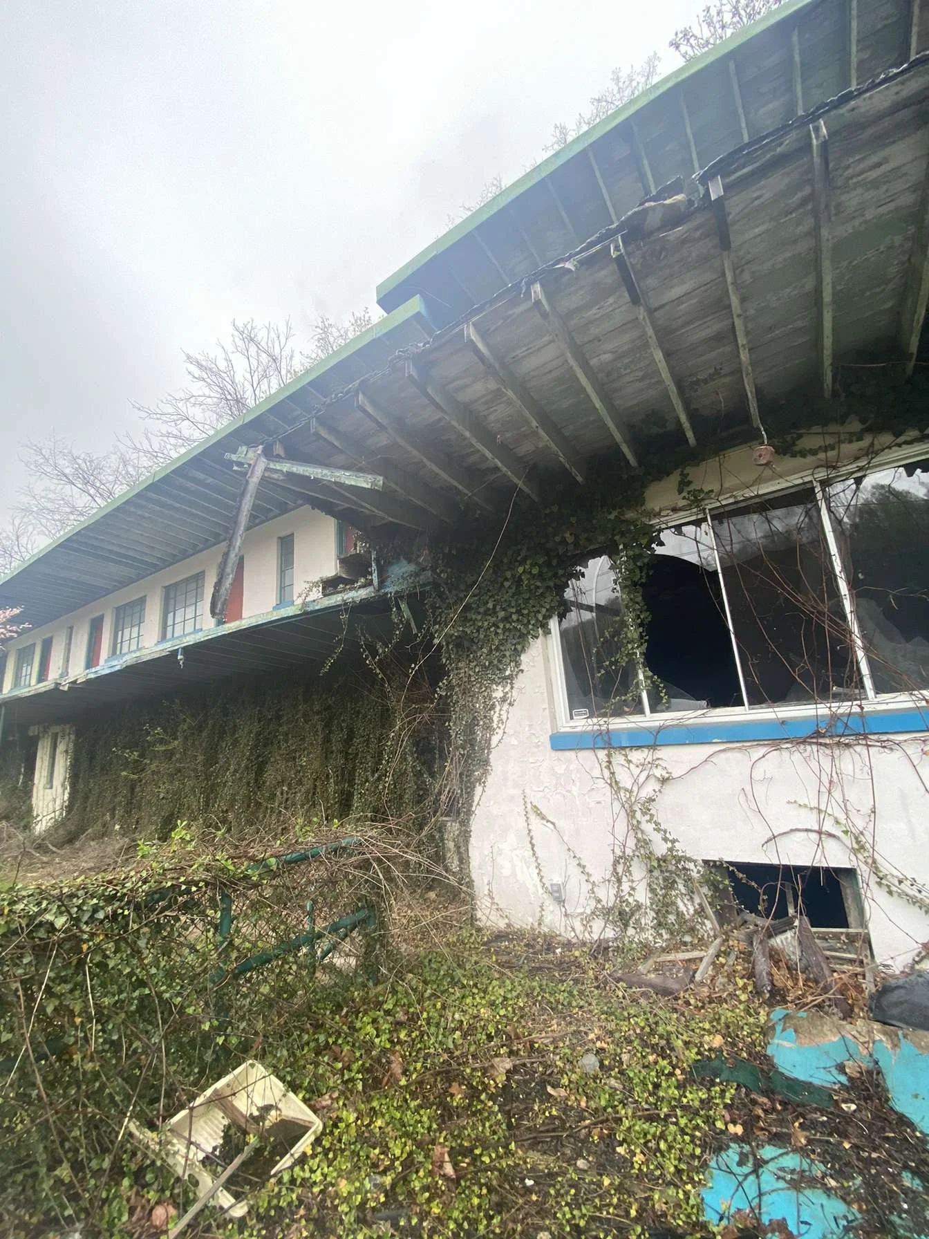 Jones Motel stands as a two‑storey concrete and wooden motel on US 421, vines creeping over the facade